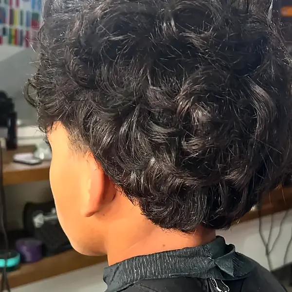 Antes: cabelo cacheado longo e volumoso, vista lateral