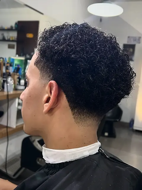 Cabelo cacheado definido com taper baixo, vista lateral